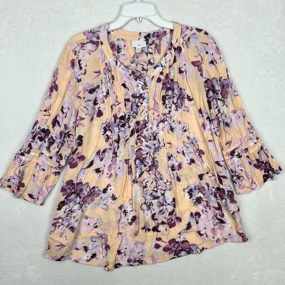 J. Jill Tops - J Jill Pintucked Bell Sleeve Floral Blouse Womens 1X Purple Peach 3/4 Sleeve